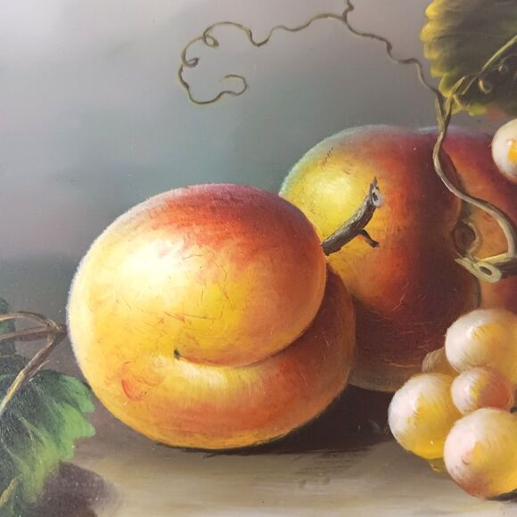 Vintage Still Life Fruit Painting On Board Dark Moody Peaches Grapes 8" x 10" - Picture 10 of 16